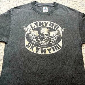 🎸 '03 Lynyrd Skynyrd Band Skull Logo Text Vintage Thick Cotton Grey Tee Shirt